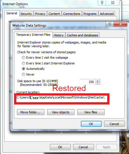reset temp files location